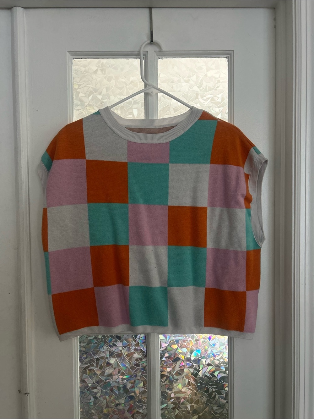 Colorblock Checkered Knit Vest in Orange, Teal, Pink & Cream